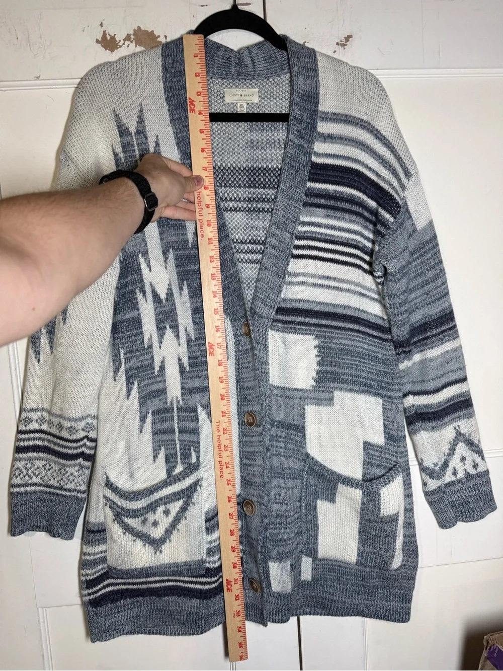 Lucky Brand Tribal Cardigan Blue and White Southwestern Knit Size M/L Buttons